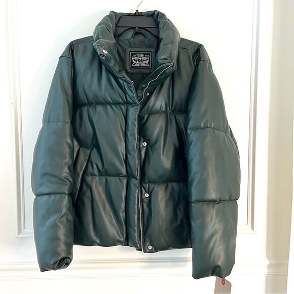 Levi Strauss Faux Leather Stand Collar Puffer Jacket, Spruce Green Size XXL NWT - Picture 5 of 11